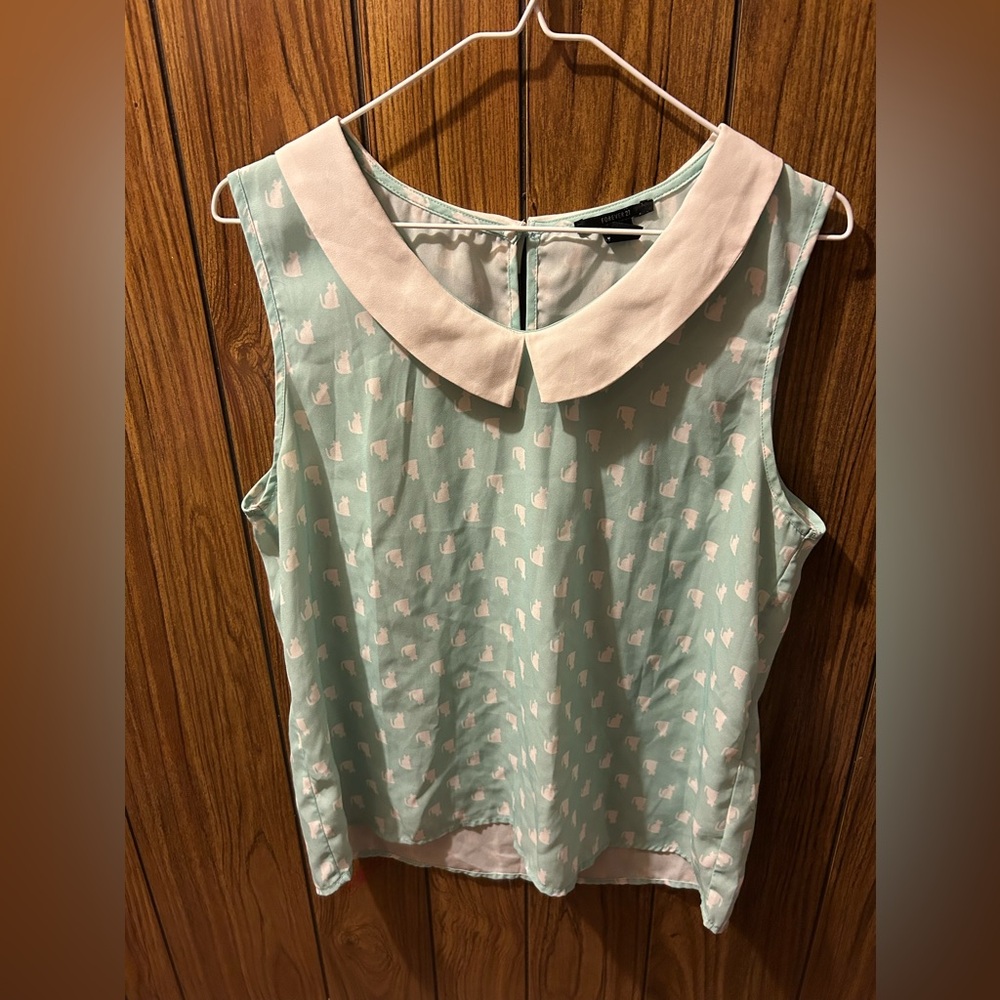 Mint Green Sleeveless Top with White Collar